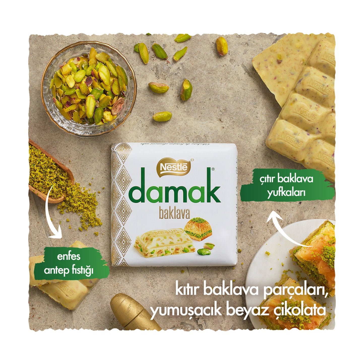 Nestle Damak Baklava, Chocolate Blanco con Pistache 60g