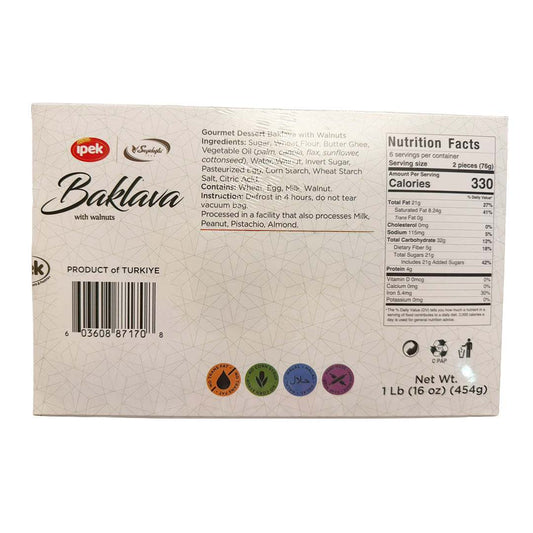Baklava con nueces artesanal premium de 454g con masa filo crujiente y almíbar de miel hecha en Turquía