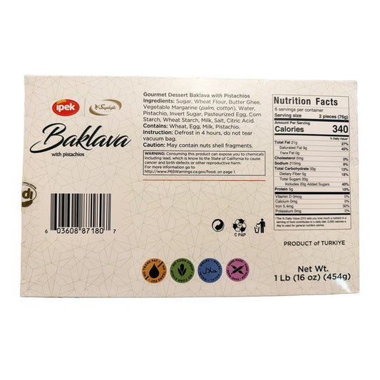 Baklava con pistaches, calidad premium 454g