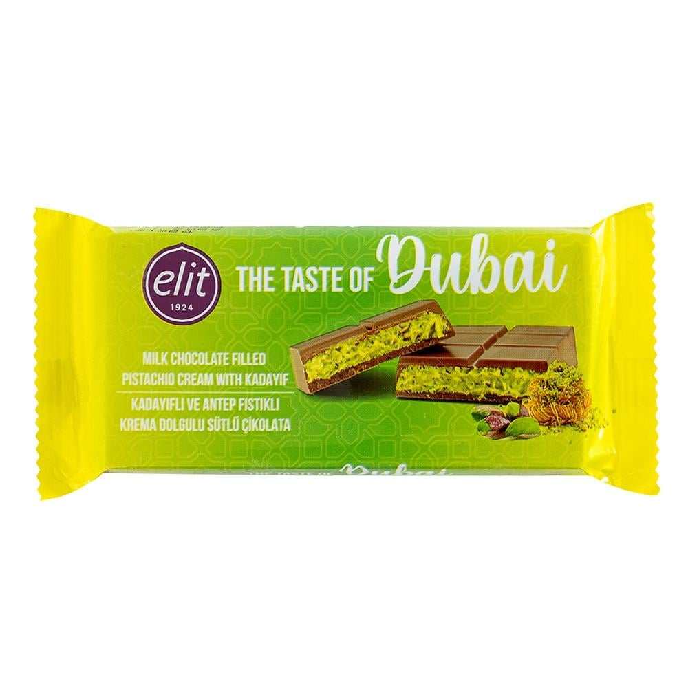Elit Chocolate Dubai relleno de pistache y kataifi 90g, combinación gourmet de chocolate, pistache y kataifi crujiente