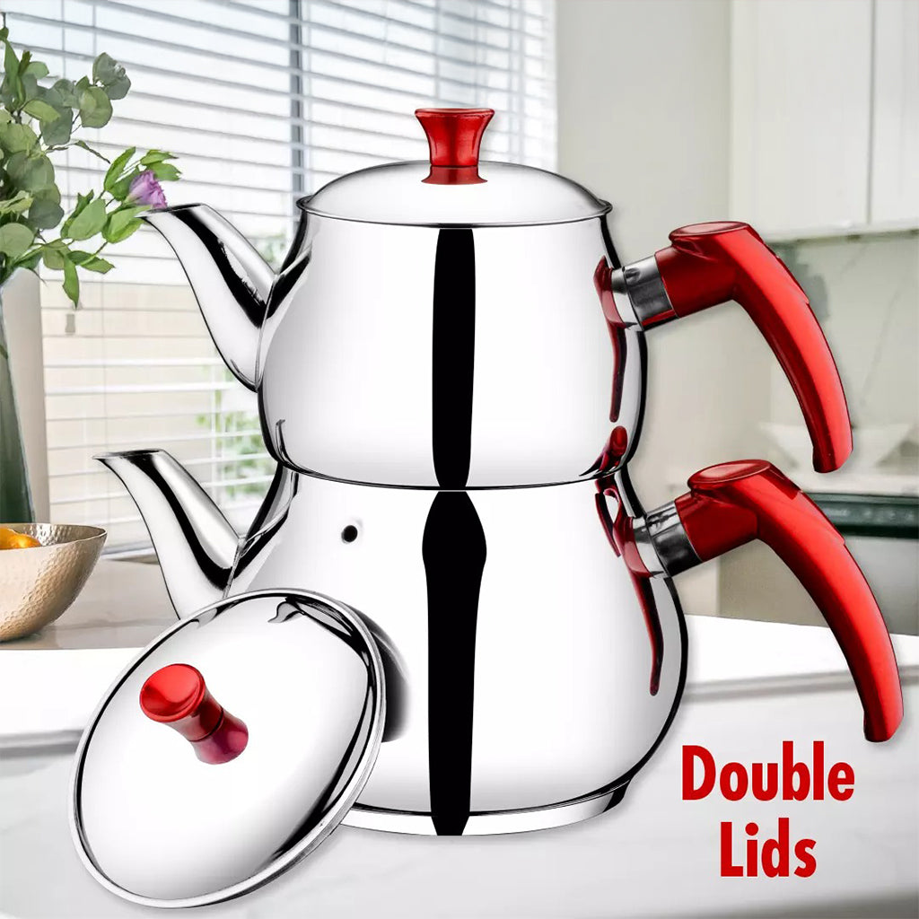 Tetera Turca Tradicional Acero Inox. 0.8L / 1.2L Rojo