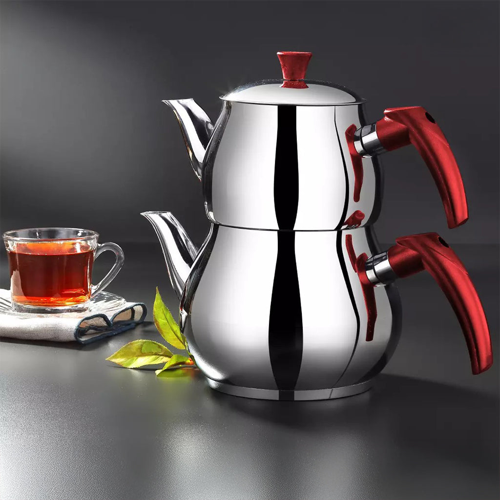 Tetera Turca Tradicional Acero Inox. 0.8L / 1.2L Rojo