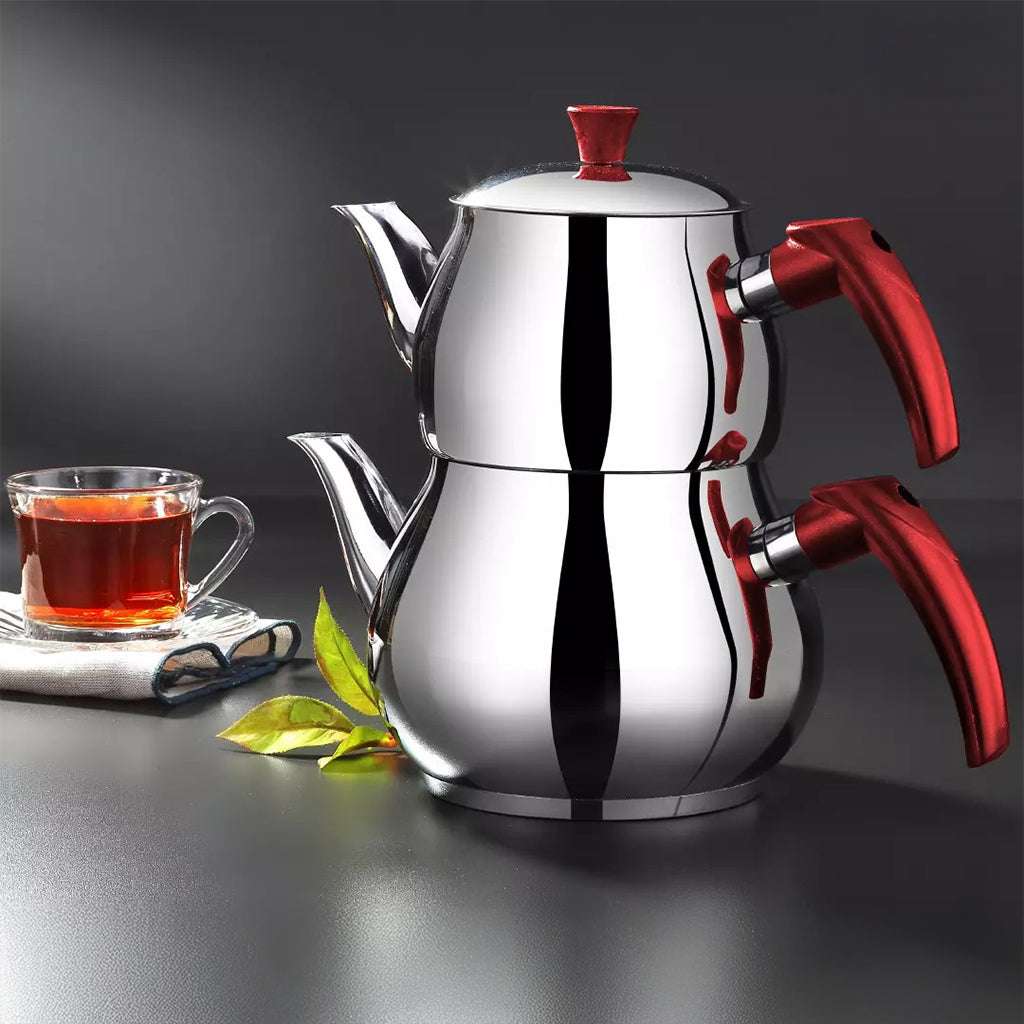 Tetera turca tradicional de acero inoxidable roja con capacidad de 0.8L y 1.2L para té auténtico