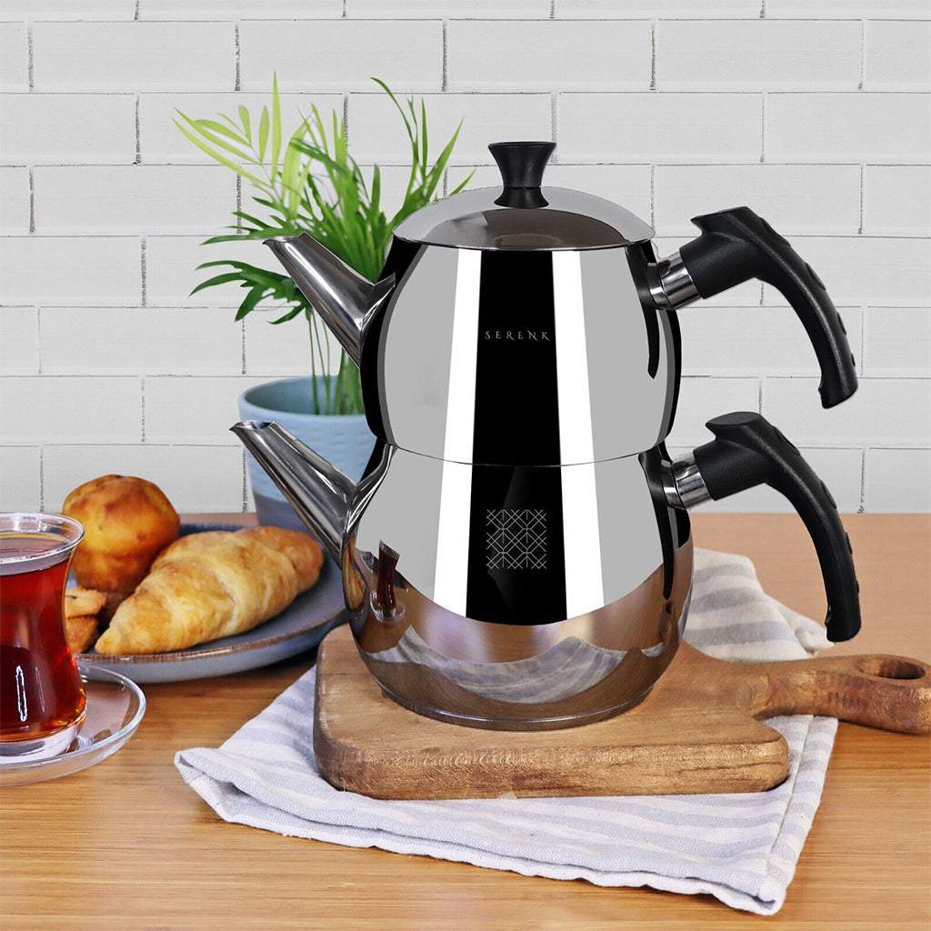 Tetera Turca tradicional de acero inoxidable negro con capacidad de 1.5L y 1L, ideal para preparar té turco
