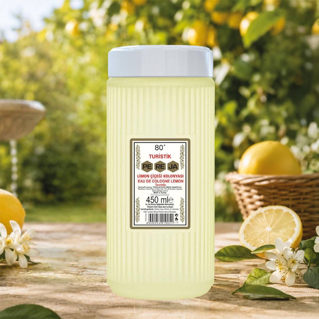 Colonia Pereja Limon Kolonyasi de 450 ml, en botella translúcida amarillo pálido con relieves verticales y tapa blanca.