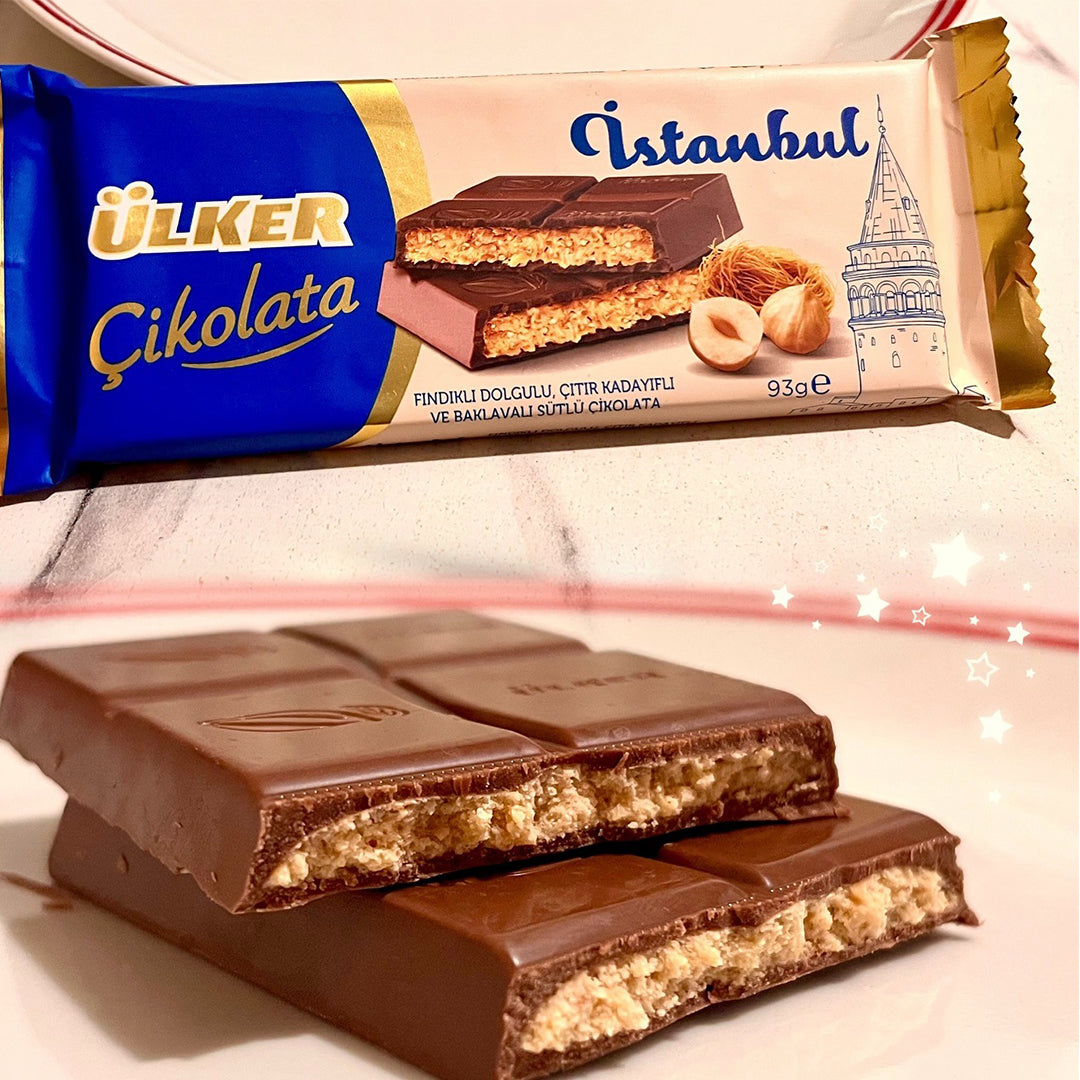 Ulker Chocolate Istanbul 93g with hazelnuts and crispy kataifi baklava from Turkey