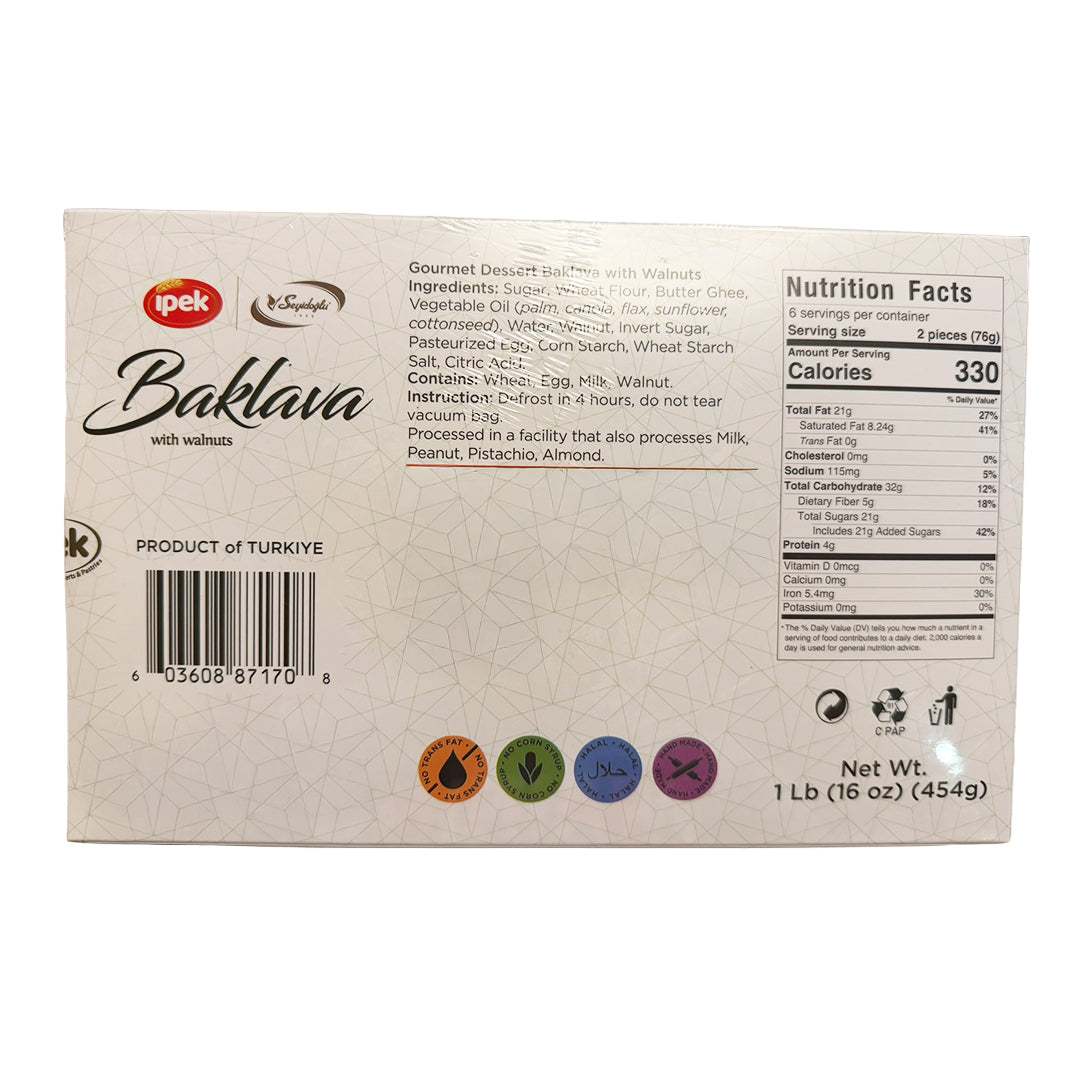 Baklava con nueces artesanal premium de 454g con masa filo crujiente y almíbar de miel hecha en Turquía