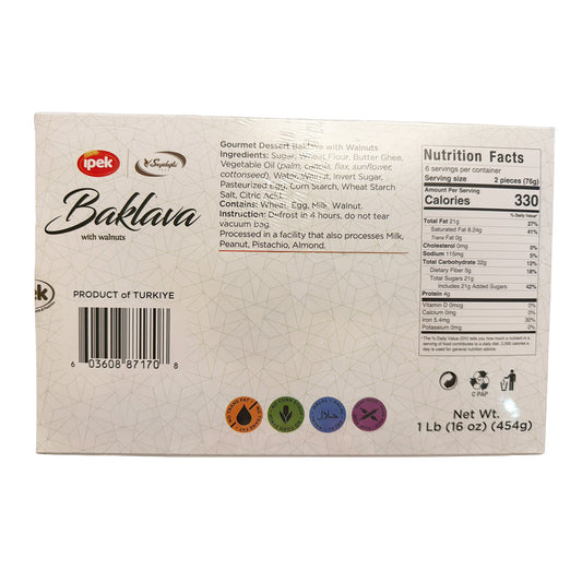 Baklava con nueces artesanal premium de 454g con masa filo crujiente y almíbar de miel hecha en Turquía