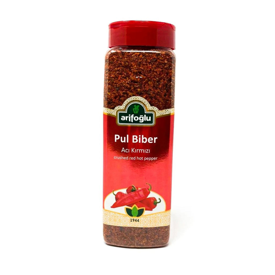 Paquete de 500g de chile rojo triturado turco Pul Biber de calidad premium con textura gruesa y sabor ahumado moderadamente picante.