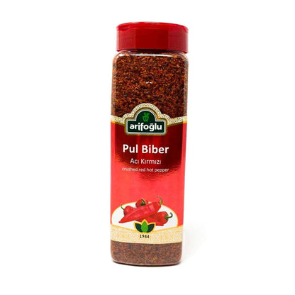 Paquete de 500g de chile rojo triturado turco Pul Biber de calidad premium con textura gruesa y sabor ahumado moderadamente picante.