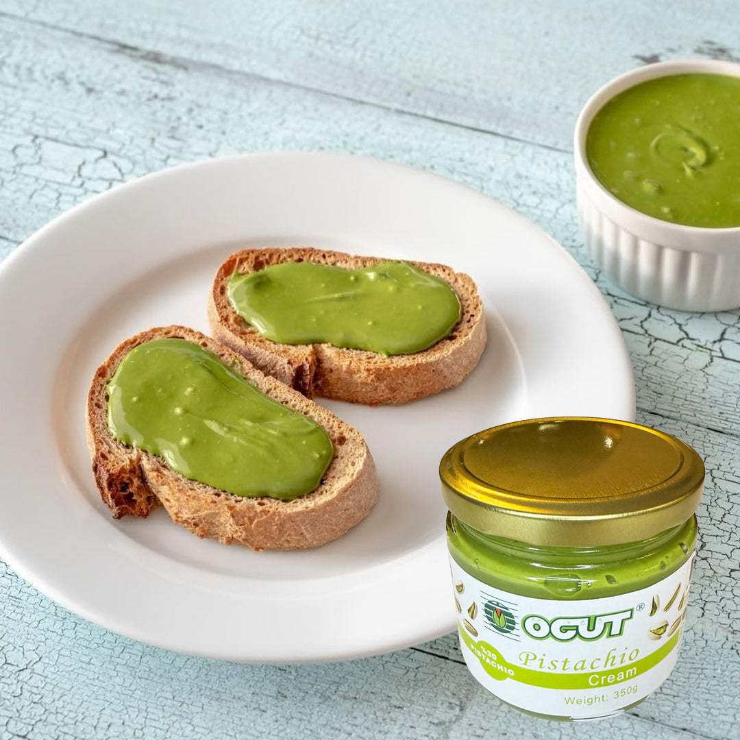 Crema de Pistache turca premium 350g con 30% pistache, textura cremosa y color verde natural ideal para repostería y tostadas