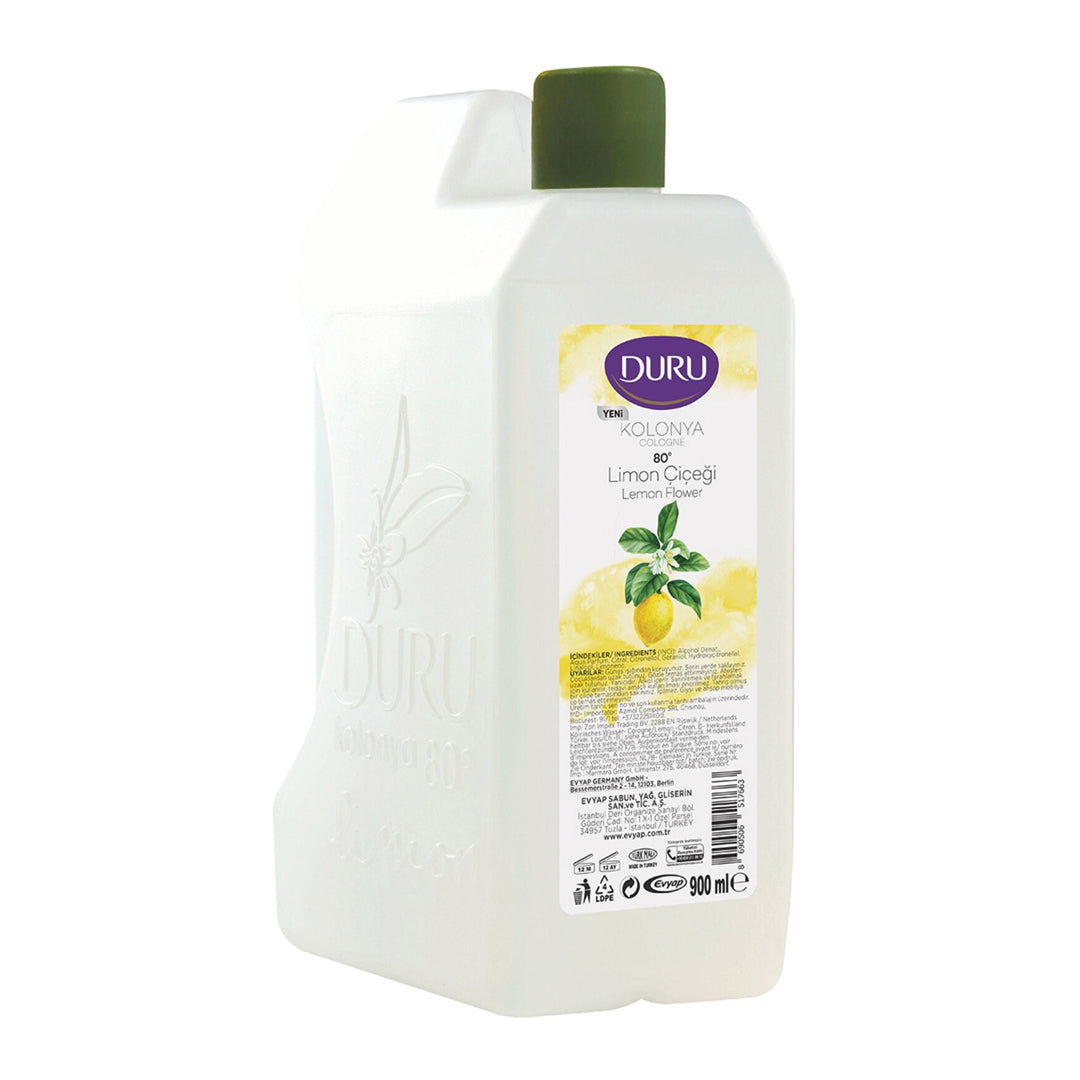 Colonia Duru Limon en envase plástico blanco de 900 ml, con tapón verde y etiqueta ilustrada con limones.