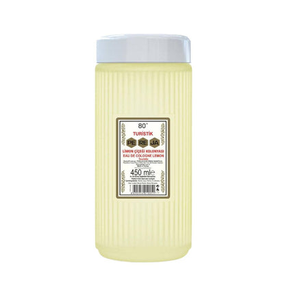 Colonia de limón Pereja Limon Kolonyasi, líquido amarillo pálido en envase acanalado de 450 ml con tapa blanca.