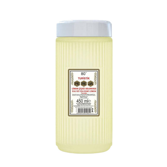 Colonia de limón Pereja Limon Kolonyasi, líquido amarillo pálido en envase acanalado de 450 ml con tapa blanca.