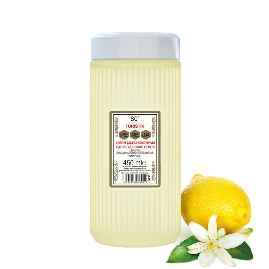 Colonia cítrica Pereja Limon Kolonyasi en botella de plástico amarillo pálido, con relieve acanalado y tapa blanca.